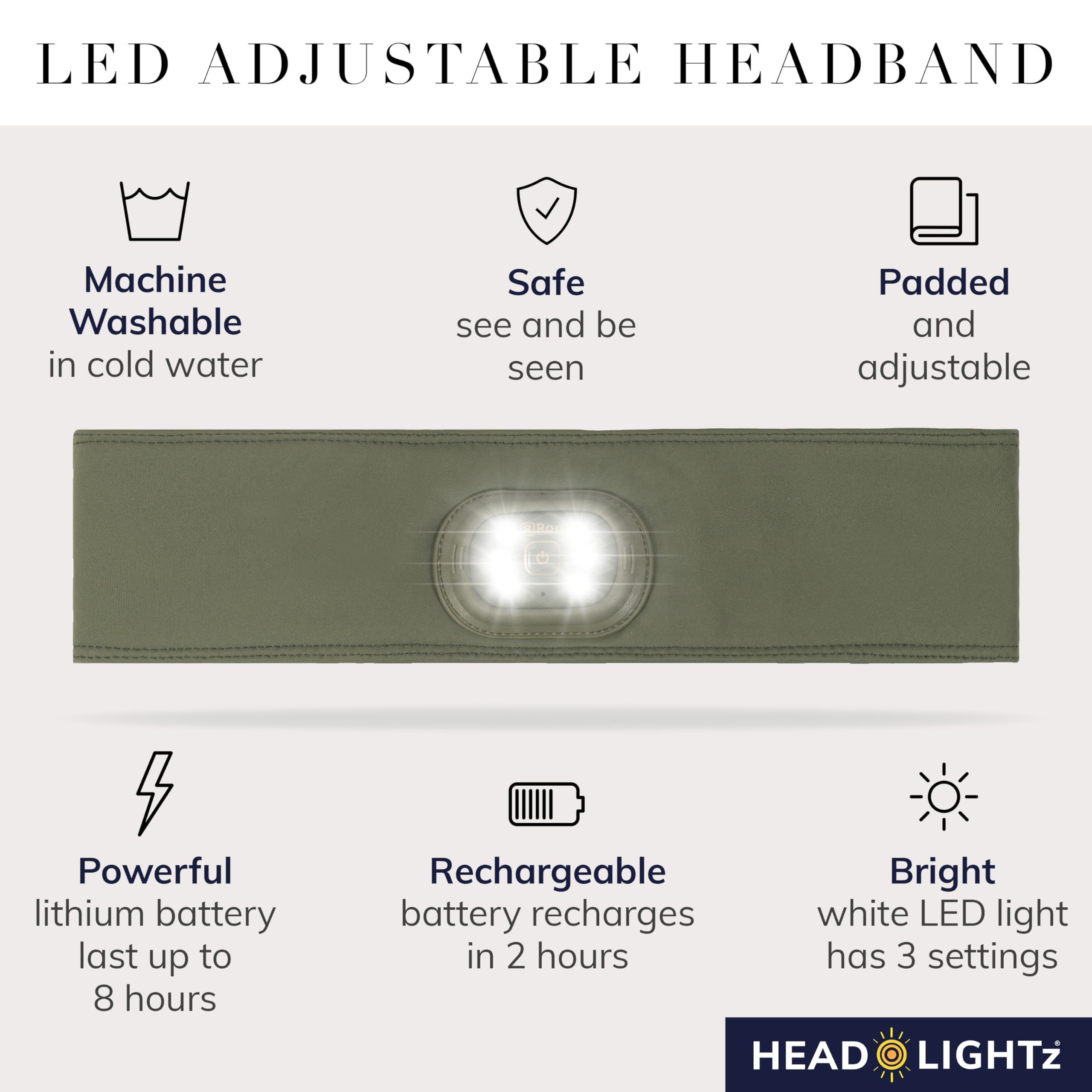 HEAD LIGHTZ adjustable strap keeps a secure fit during activities.