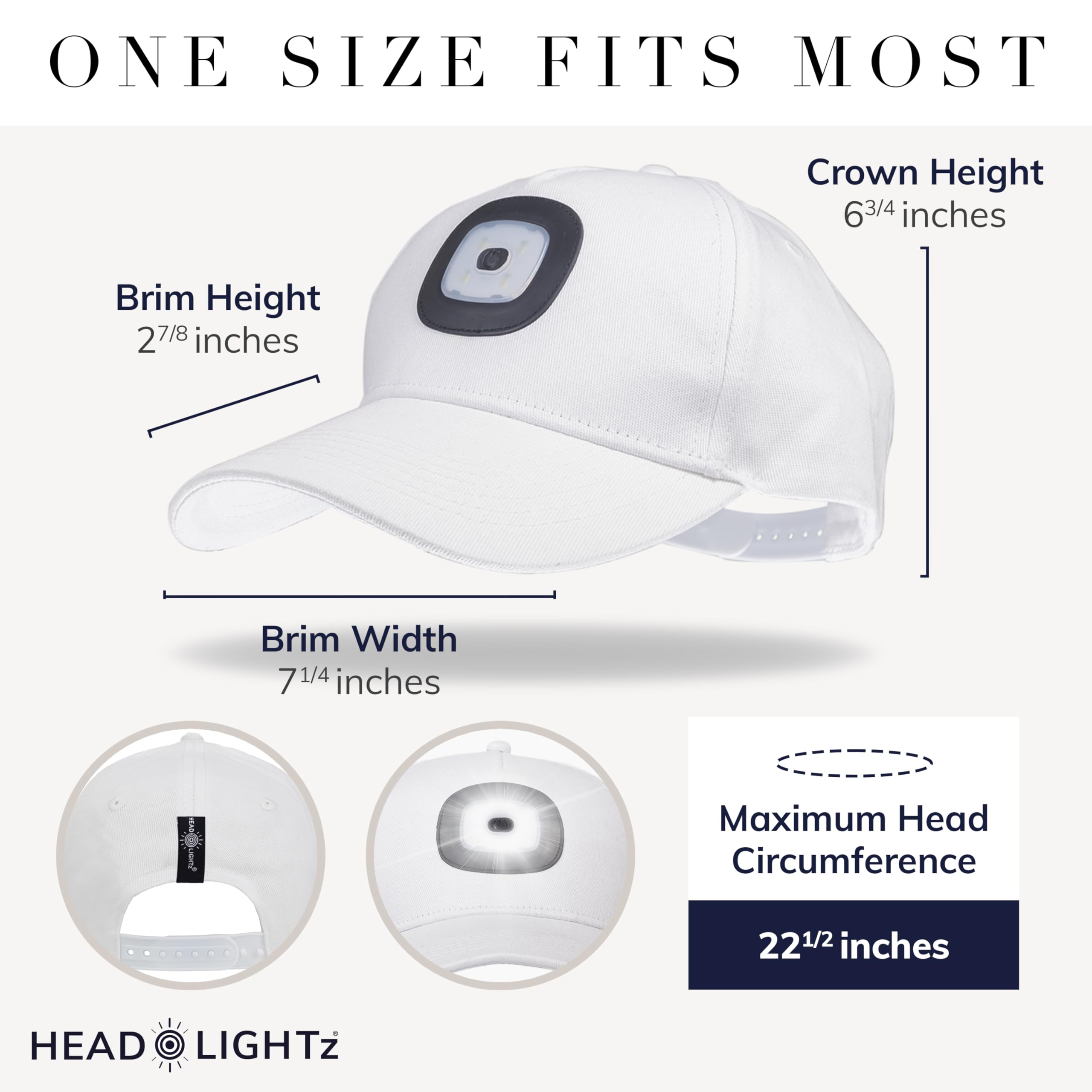 Head Lightz cap front view shows built-in brightness controls for easy adjustments.