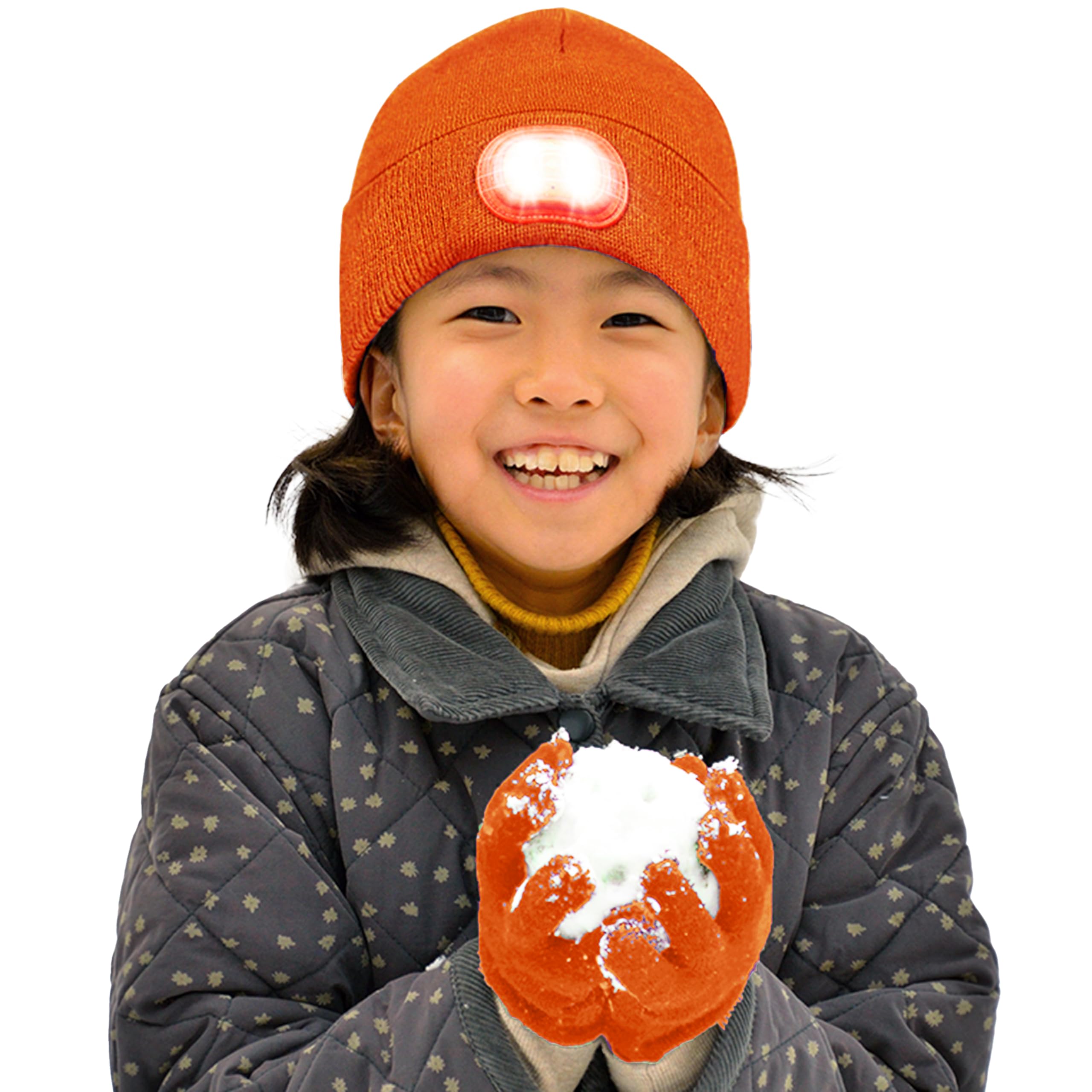 HEAD LIGHTZ kids beanie with built-in orange light for hands-free visibility during dusk play.