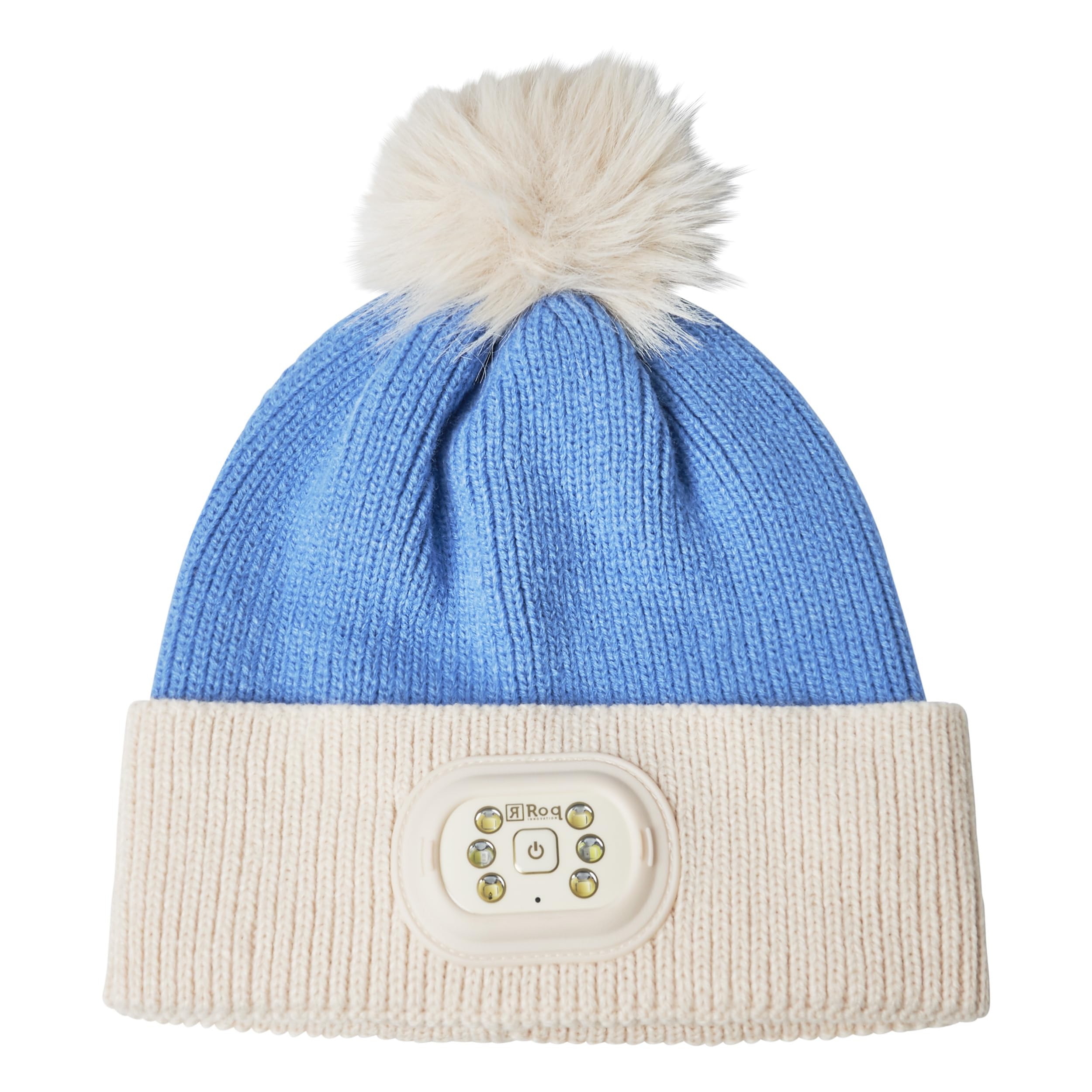 HEAD LIGHTZ Pom Pom Beanie with rechargeable battery powering multiple brightness levels.