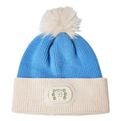 HEAD LIGHTZ Pom Pom Beanie with rechargeable battery powering multiple brightness levels.
