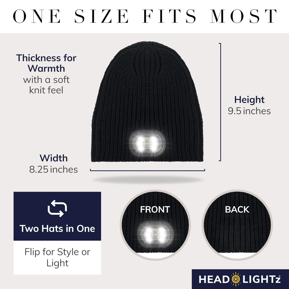 HEAD LIGHTZ reversible knit LED beanie light-off worn for everyday warmth and style.