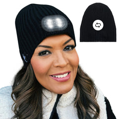 HEAD LIGHTZ reversible knit LED beanie light-on for hands-free visibility during outdoor activities.