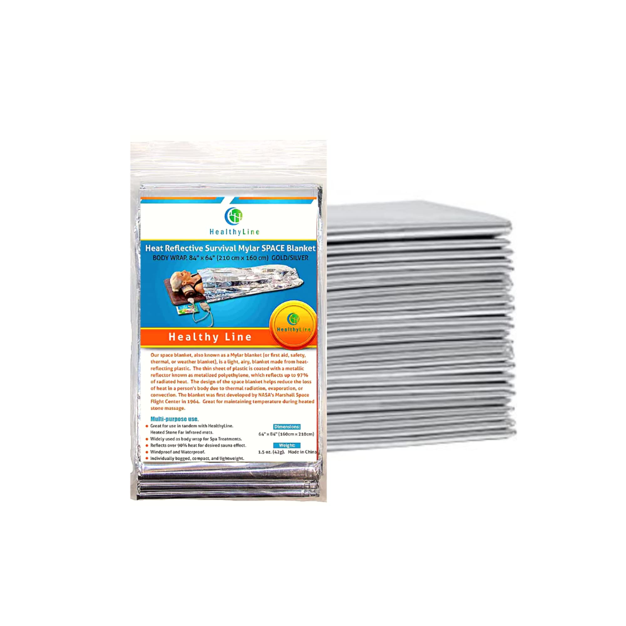 HealthyLine emergency mylar blanket folded for compact storage and quick access.