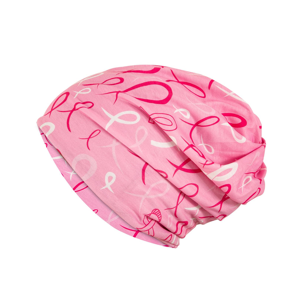 Side view of pink Heart Beanie Chemo Hat