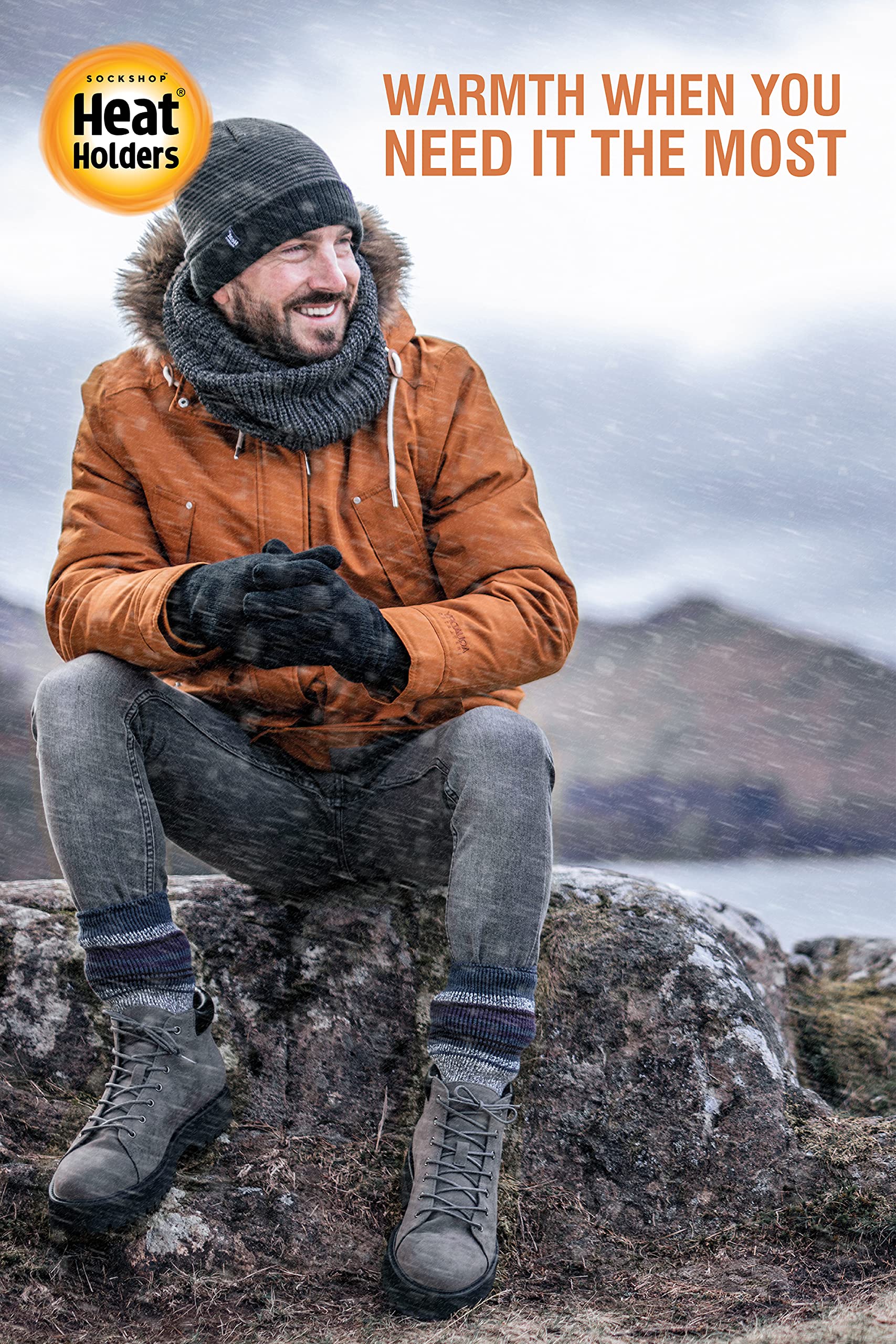 HEAT HOLDERS Merino socks outdoor use on winter hikes suggests lasting warmth.