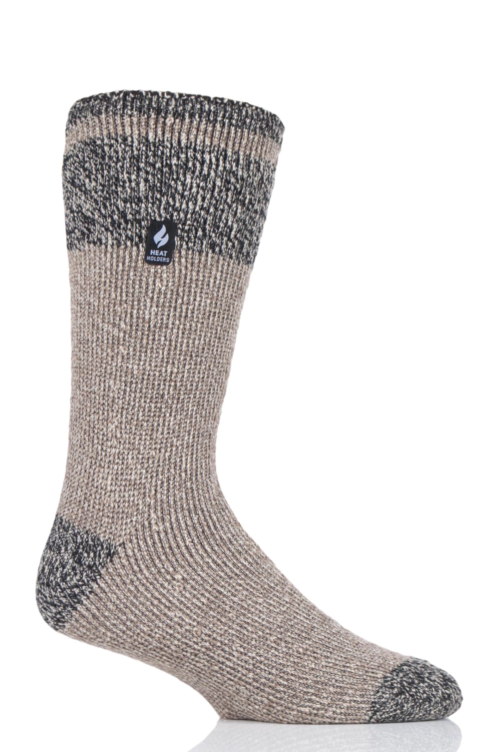 HEAT HOLDERS Men's Rook Original Block Twist Crew Socks packaged in cabin setting for home warmth.