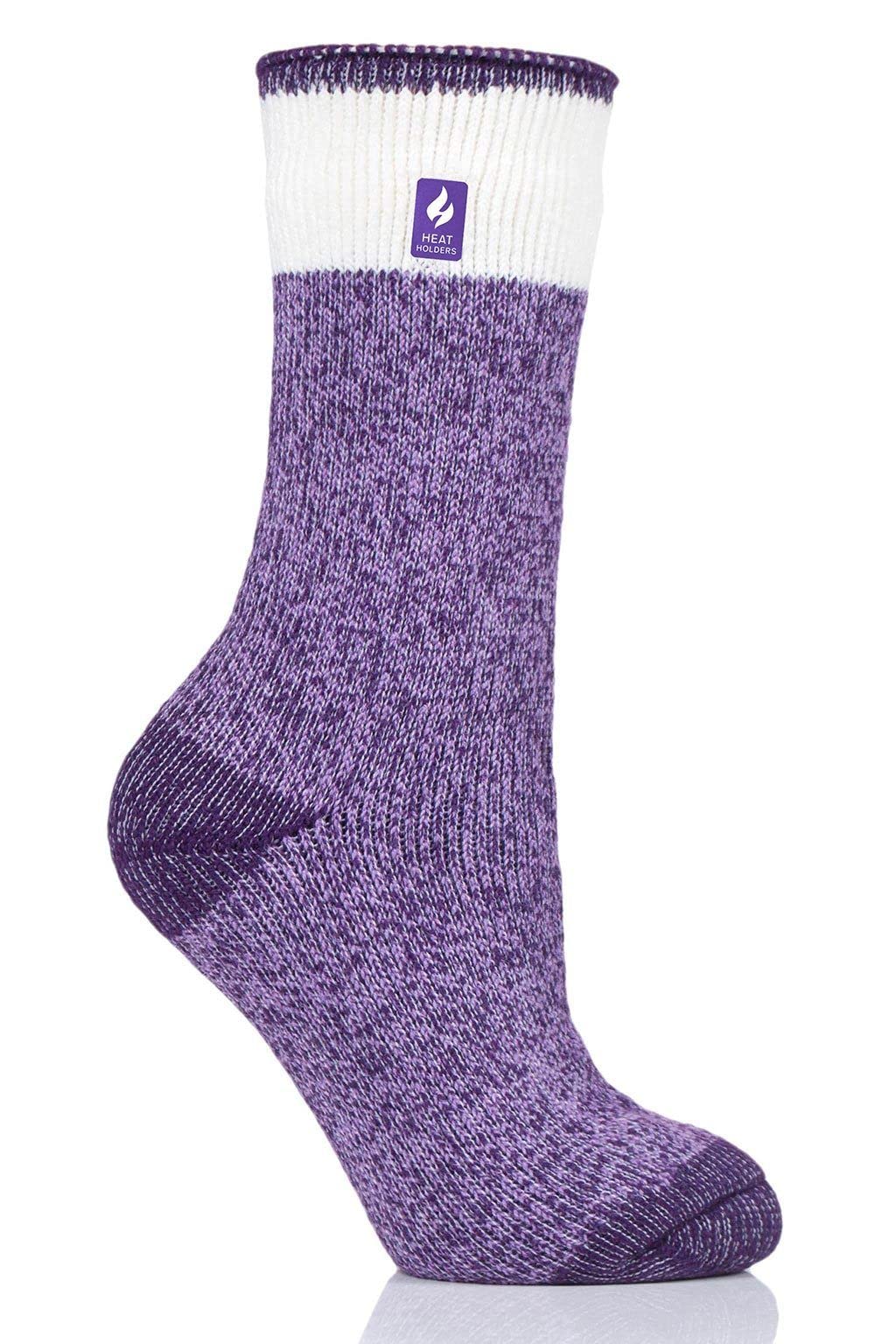 HEAT HOLDERS Viola LITE Twist Crew Sock on-foot shot suggests versatile use for hiking and cabin lounging.