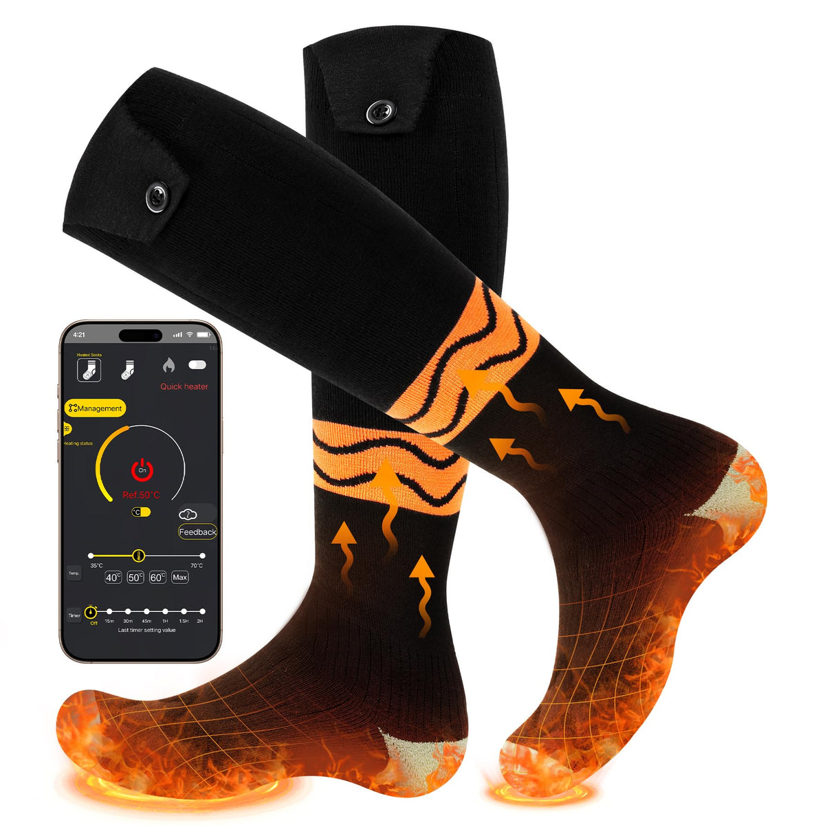 Heat Nice heated socks with app control for outdoor warmth.