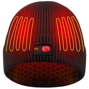 Front view of black heated beanie with 3 heat settings