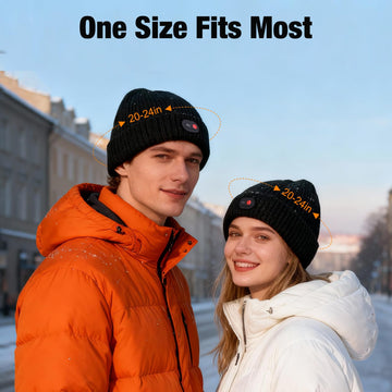 Person wearing black heated beanie while skiing