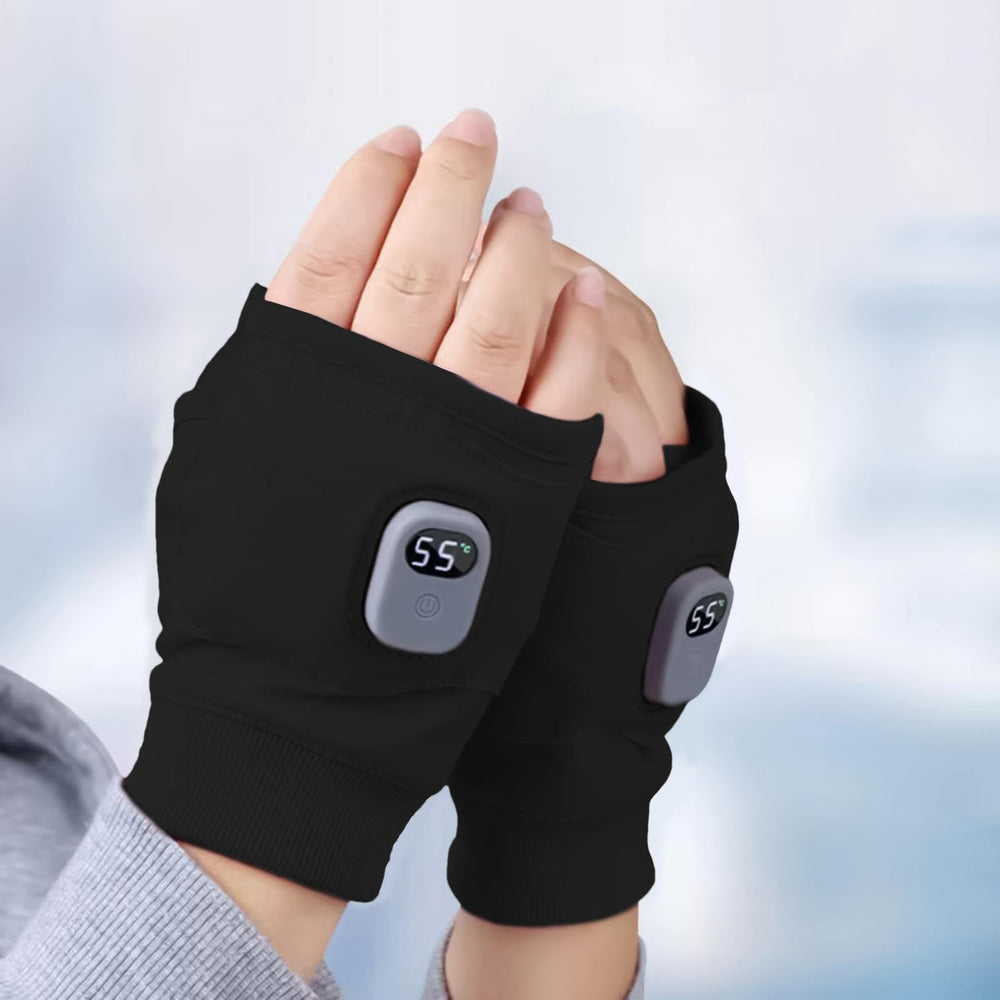 Heated fingerless gloves with half-finger design for easy phone use and warmth