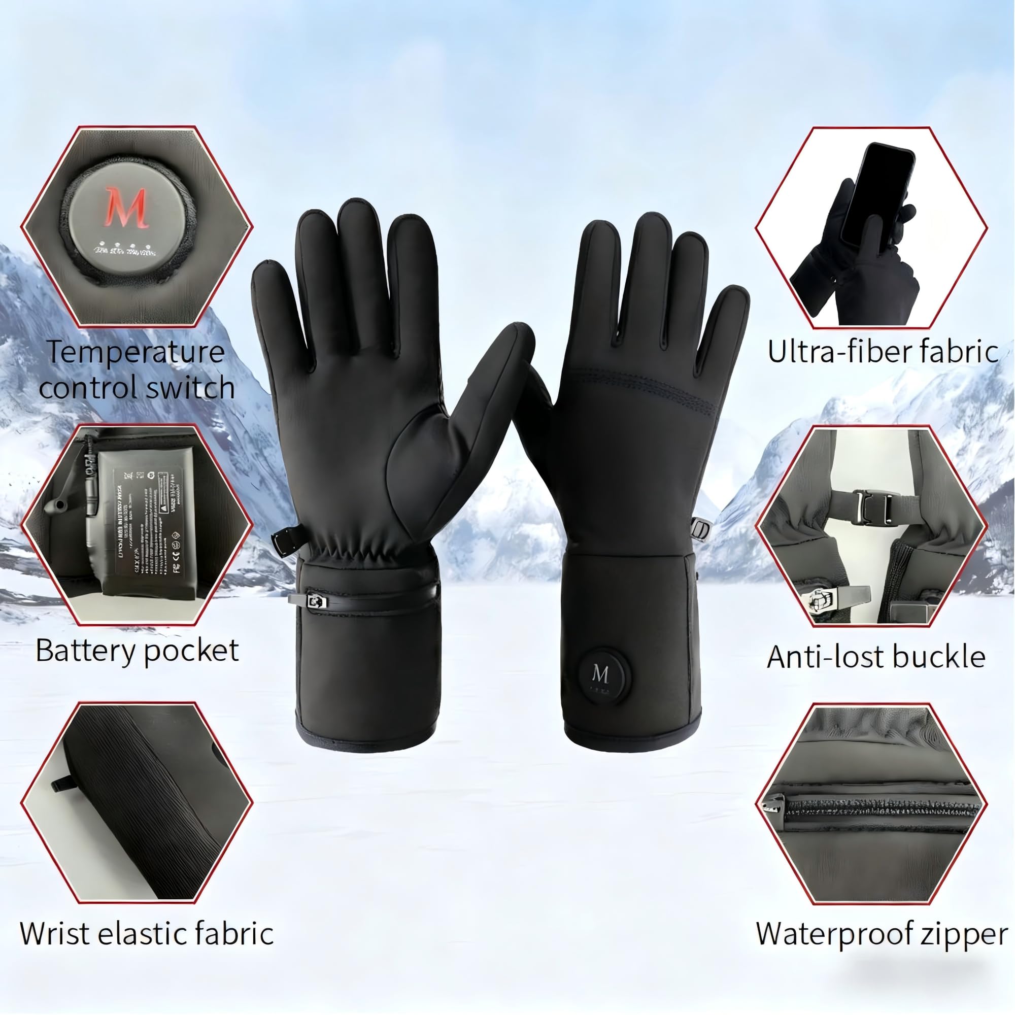 Heated Glove Liners with battery indicator showing remaining power at a glance.
