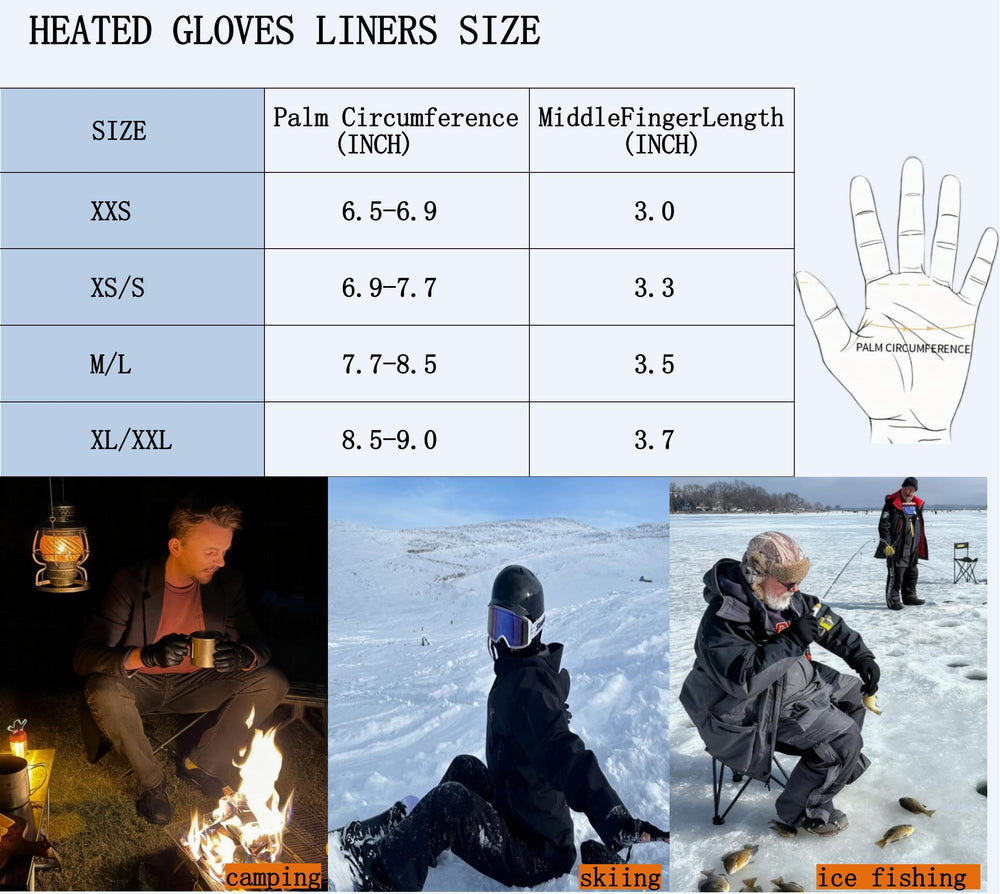 Heated Glove Liners provide full-hand warmth from palm to fingertips.