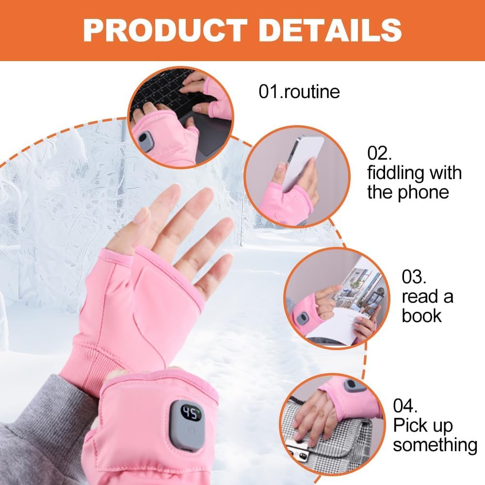 Heated Gloves pink windproof closure distributes heat evenly across palms.