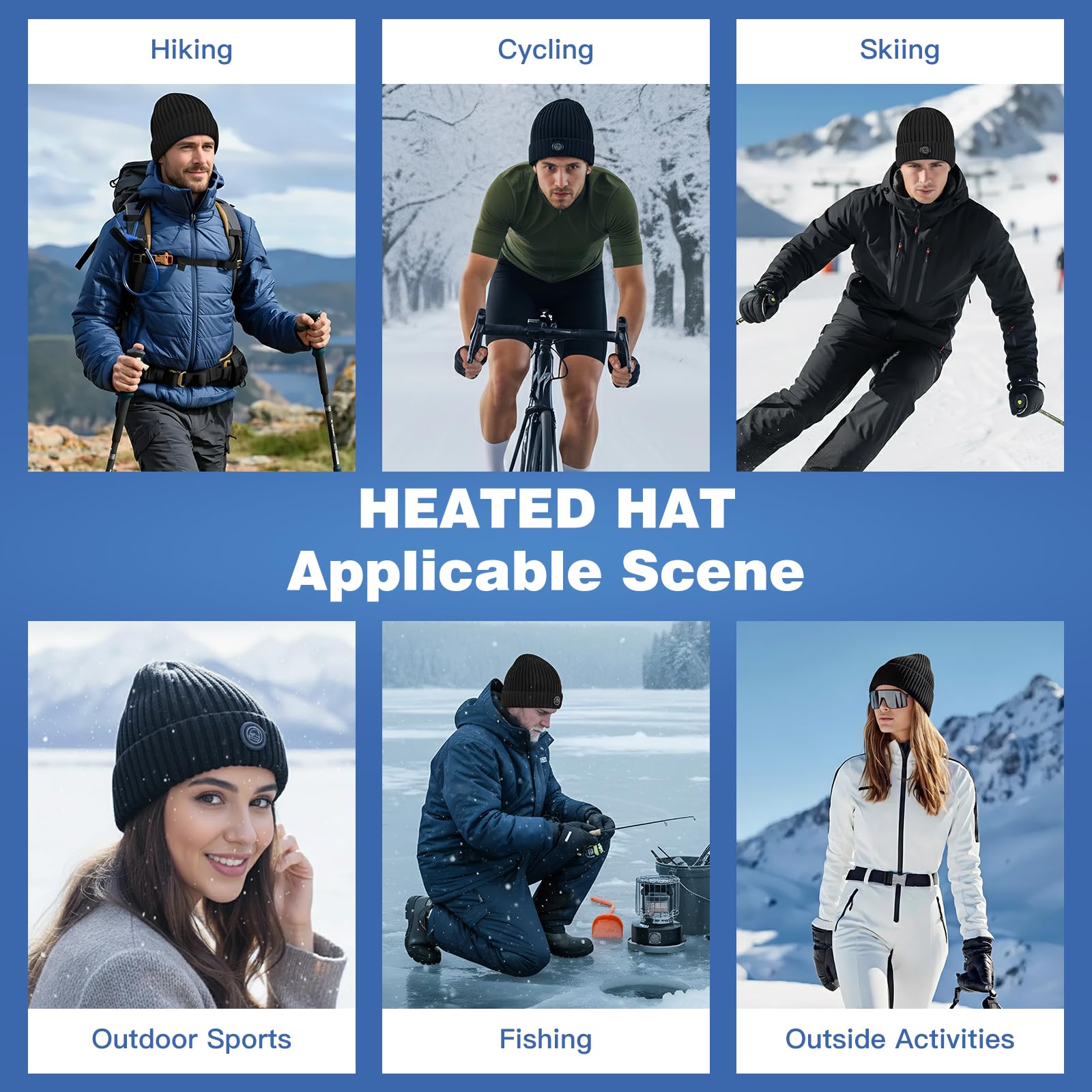 Model wearing heated hat in a winter outdoor setting