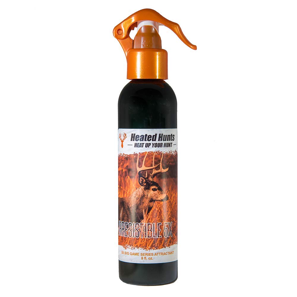 Heated Hunts Irresistible 5x Big Game Attractant bottle pour boosts scent for bucks and bears