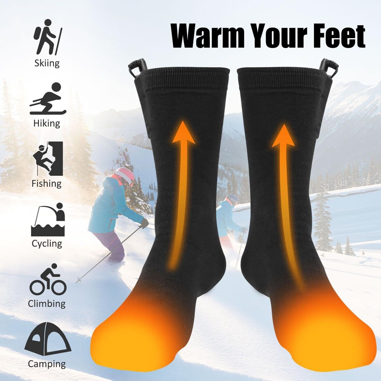 Heated Socks quick-heat feature demonstrated for rapid warmth in 3 seconds.