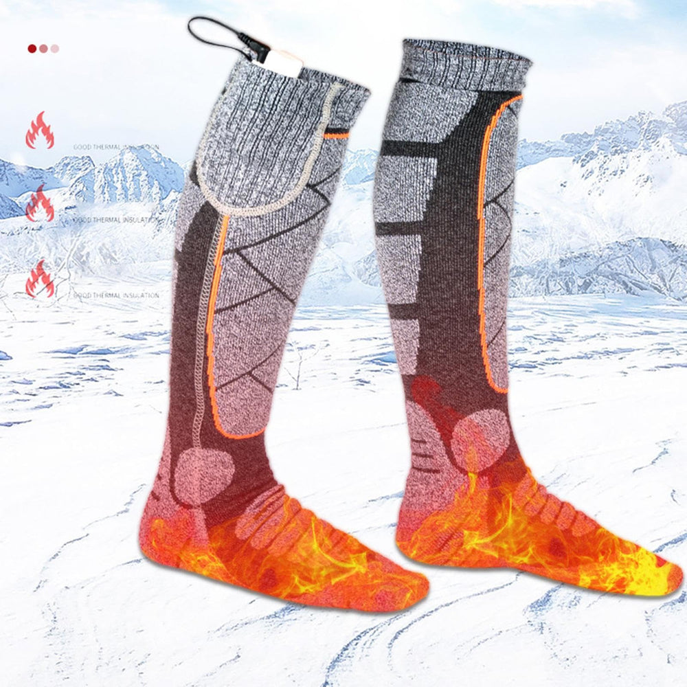 Heated socks warming the toes on a snowy trail