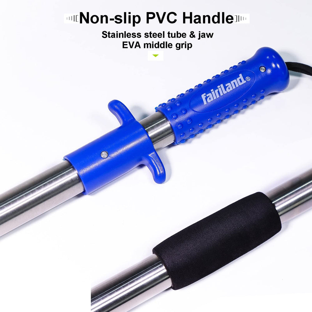 Extended long-handled fish gripper enabling standing operation