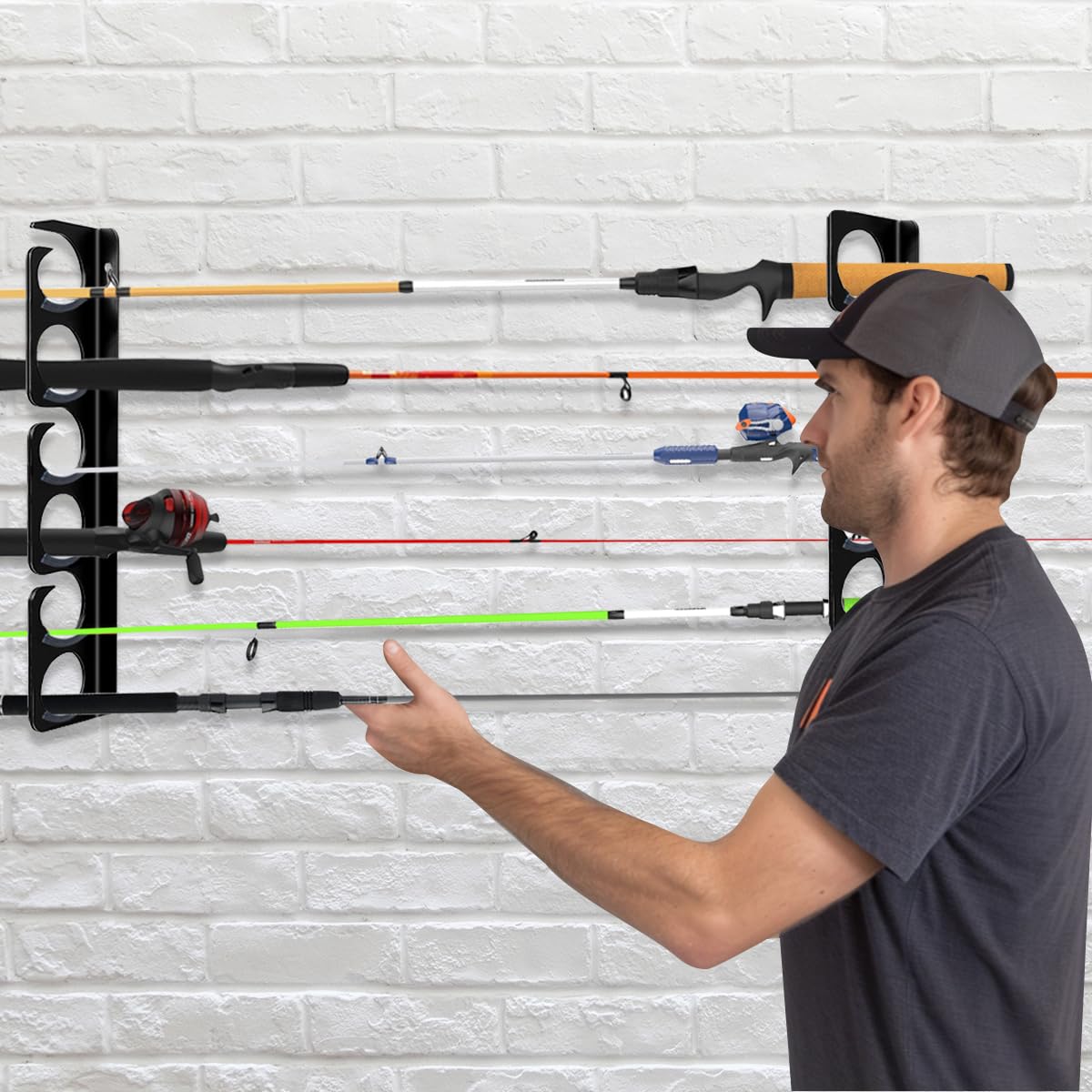 Close-up of rust-resistant finish on fishing rod rack