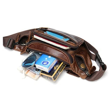 Hebetag leather fanny pack front pockets close-up highlights organization with three front zippers and coin pockets