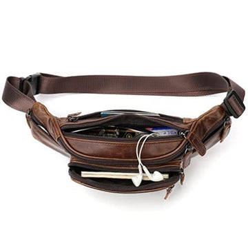 Hebetag leather fanny pack side pockets close-up showing convenient coin slots and compact design