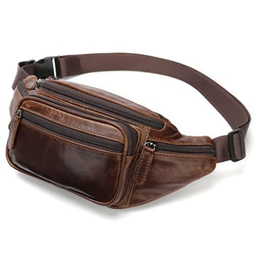 Hebetag leather fanny pack strap adjustment demonstrates secure fit for waist sizes 29.9 to 41.7 inches