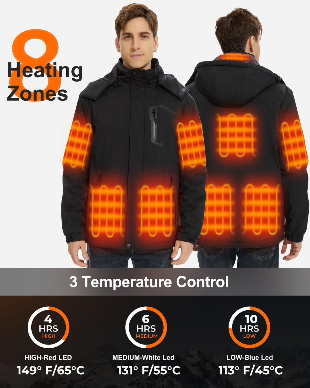 Hecusma 18400mAh battery pack shown with jacket for extended warmth.