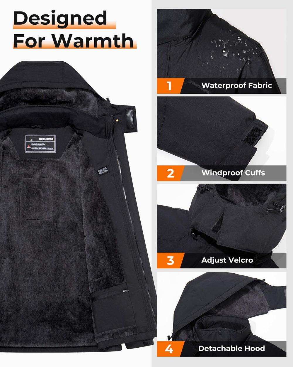 Hecusma heated jacket pocket layout for securely storing essentials during outdoor activities.