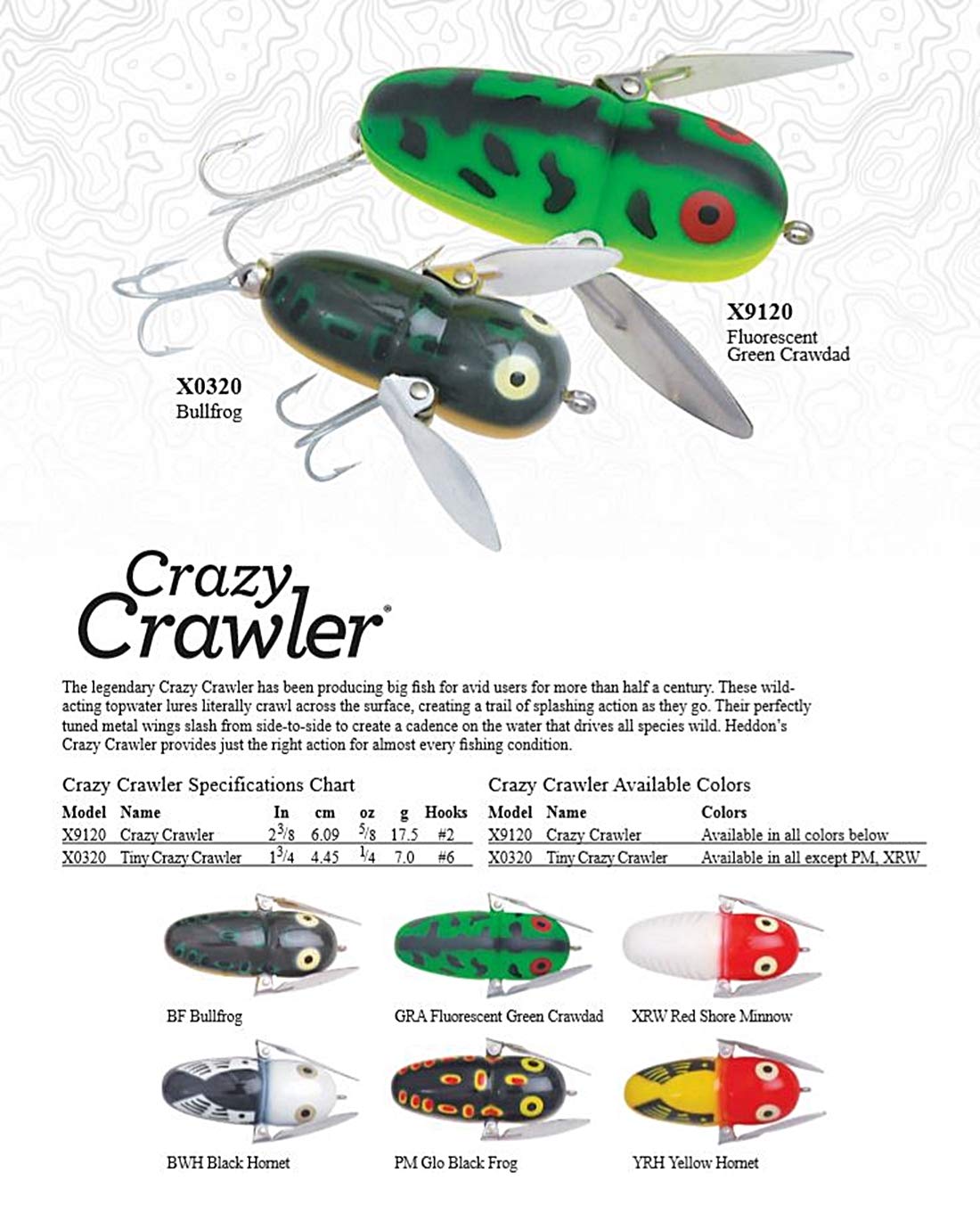 Heddon Crazy Crawler in various colors to attract different fish species
