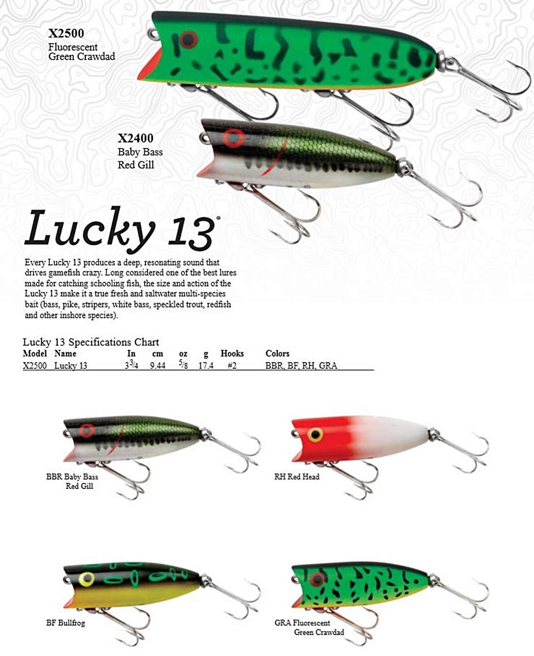Heddon Lucky 13 topwater lure back view showing multi-species ready fishing option.