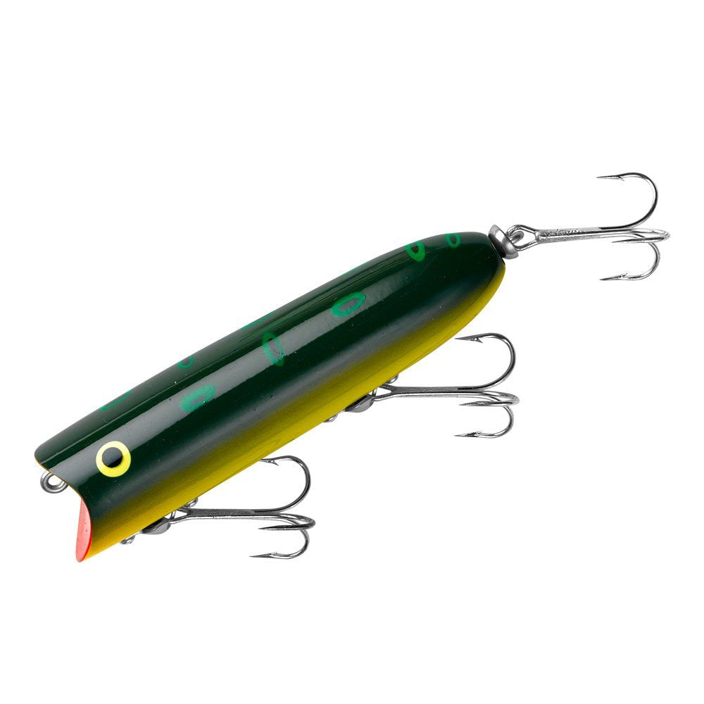 Heddon Lucky 13 topwater lure side view highlighting popping action that triggers strikes.