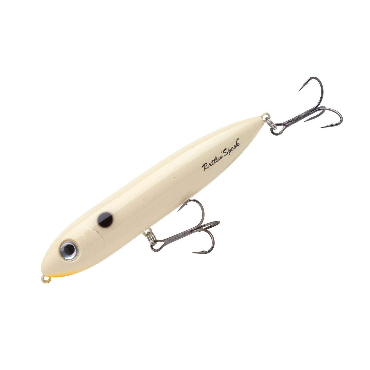 Heddon Rattle Spook bone orange belly side view, entices strikes during walk-the-dog retrieves.