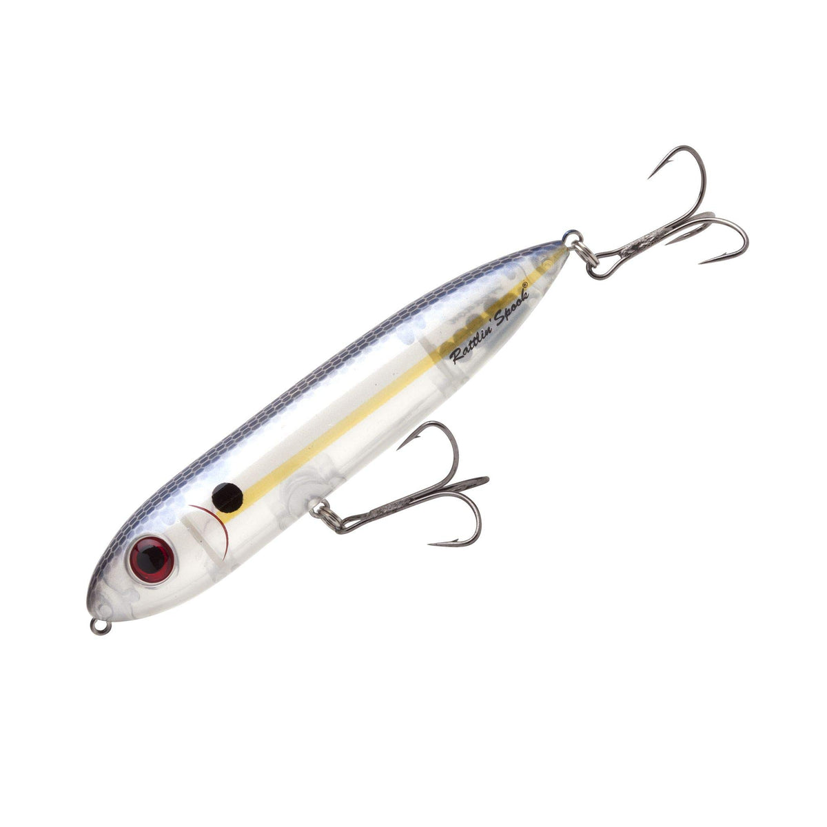Heddon Rattle Spook Pearl Shad profile with rattling action to attract topwater strikes.