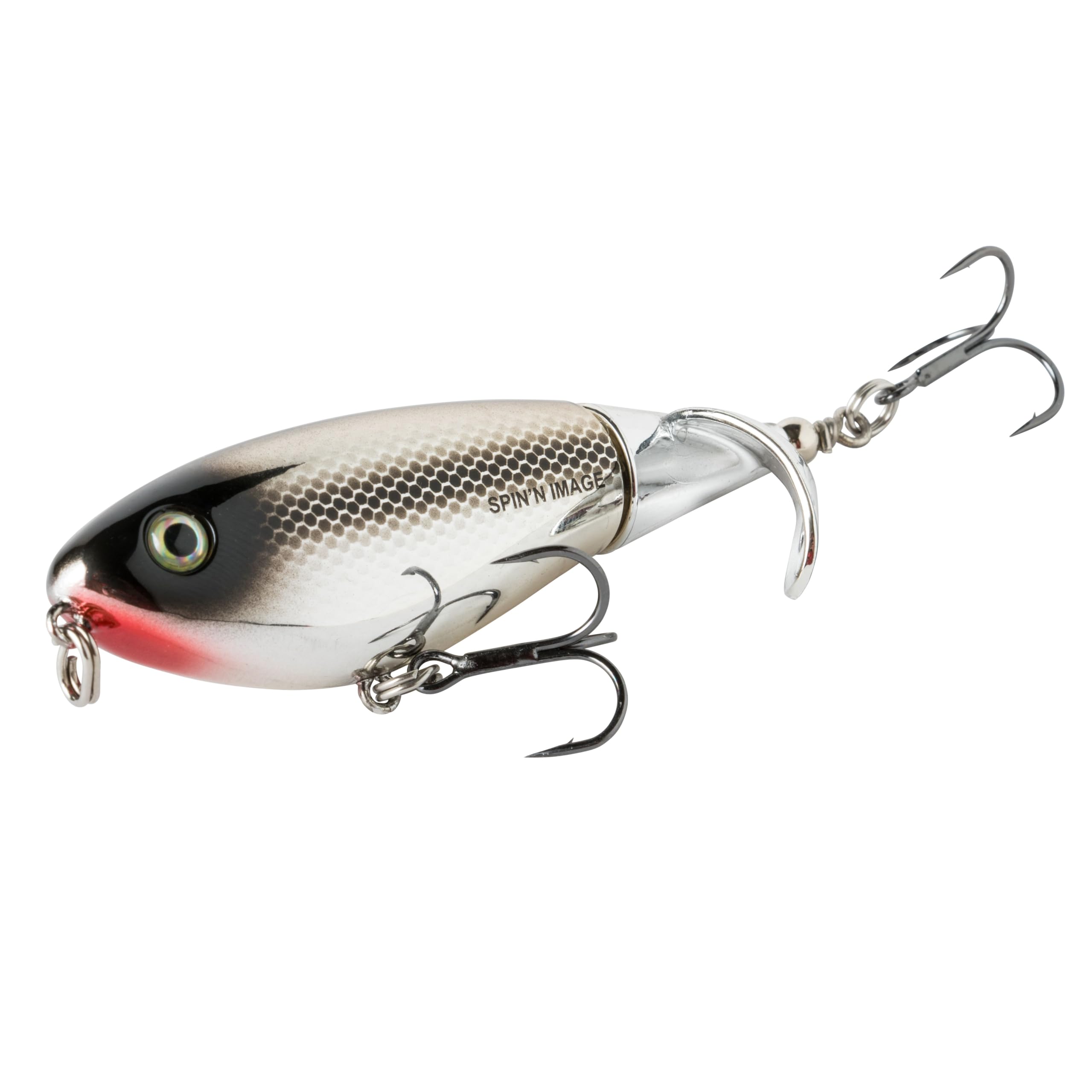 Heddon Spin'N Image Black Shiner with rotating tail action attracts bass in clear water.