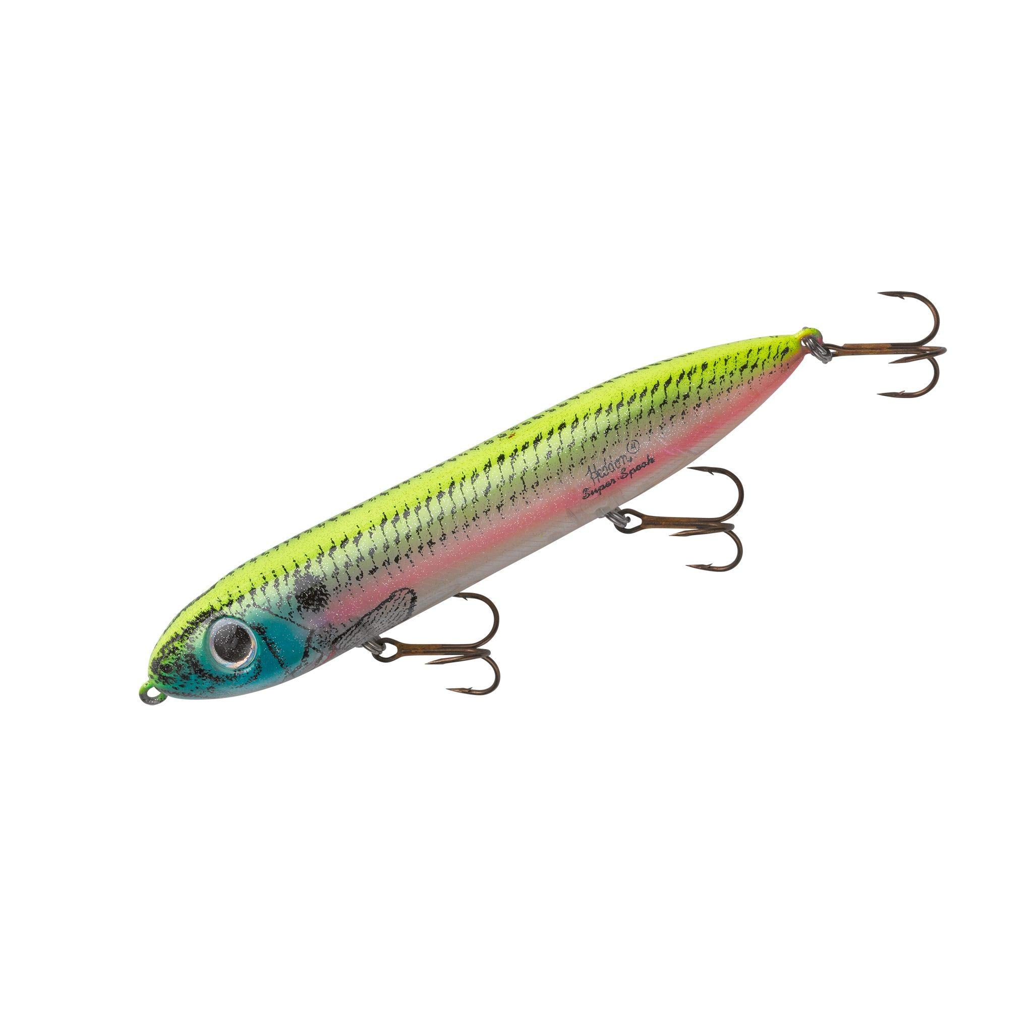 Heddon Super Spook 5in hook design shows three sharp hooks for big strikes.
