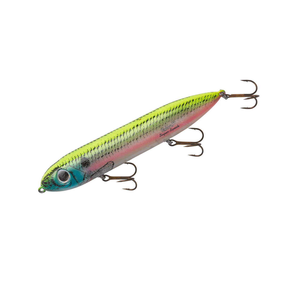 Heddon Super Spook 5in hook design shows three sharp hooks for big strikes.