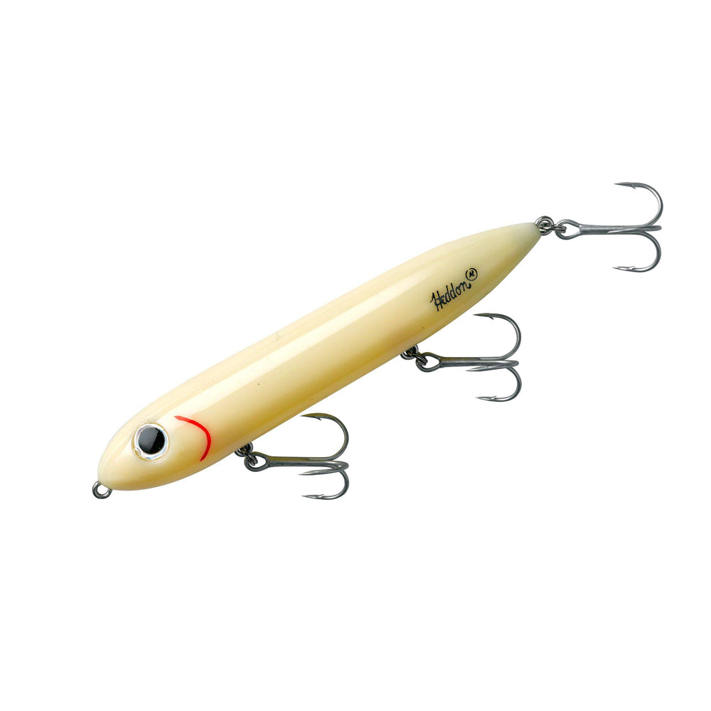 Heddon Super Spook Bone 5in front view highlighting rugged hardware for big striper action.
