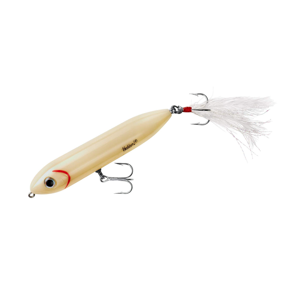 Heddon Super Spook bone-feather-dressed lure ready for topwater strikes