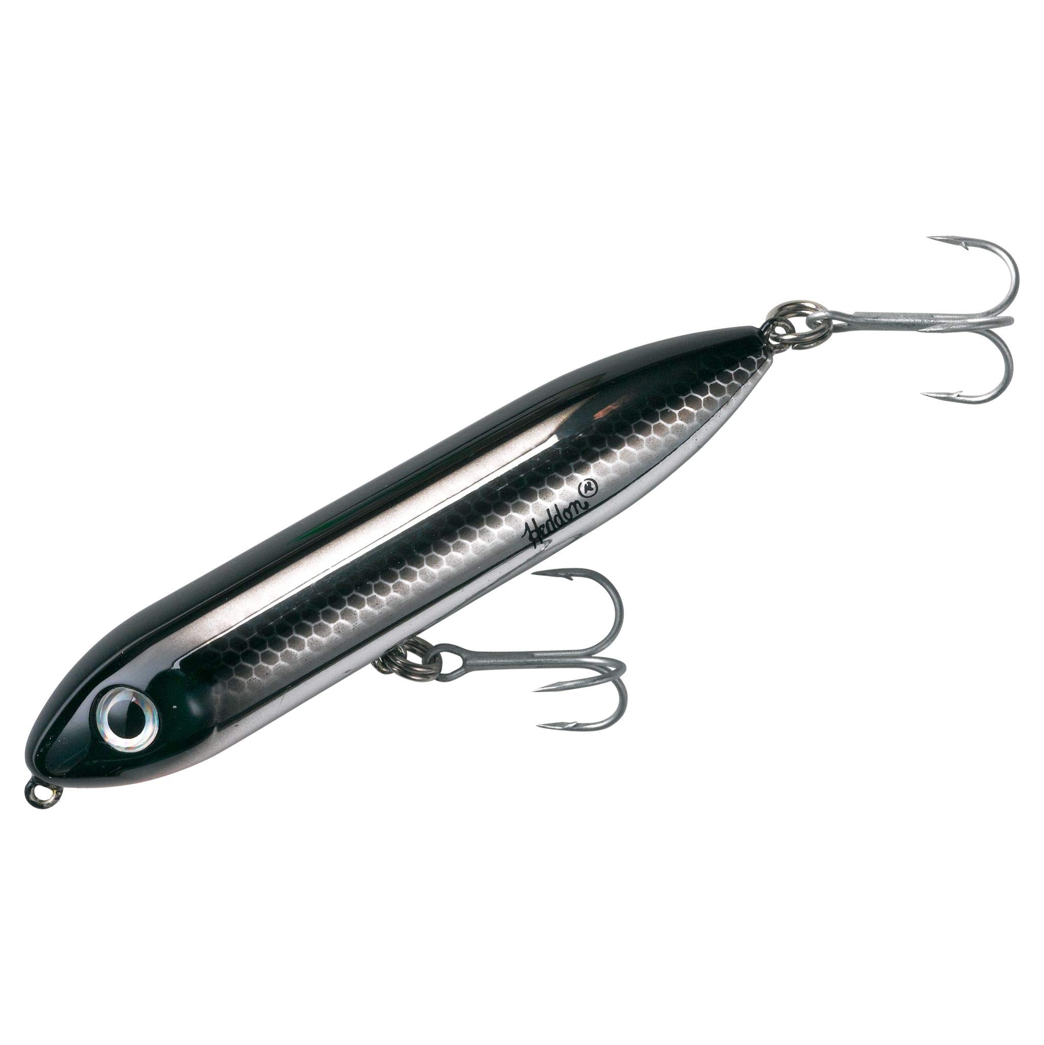 Heddon Super Spook Jr. black shiner topwater lure ready for explosive surface strikes.