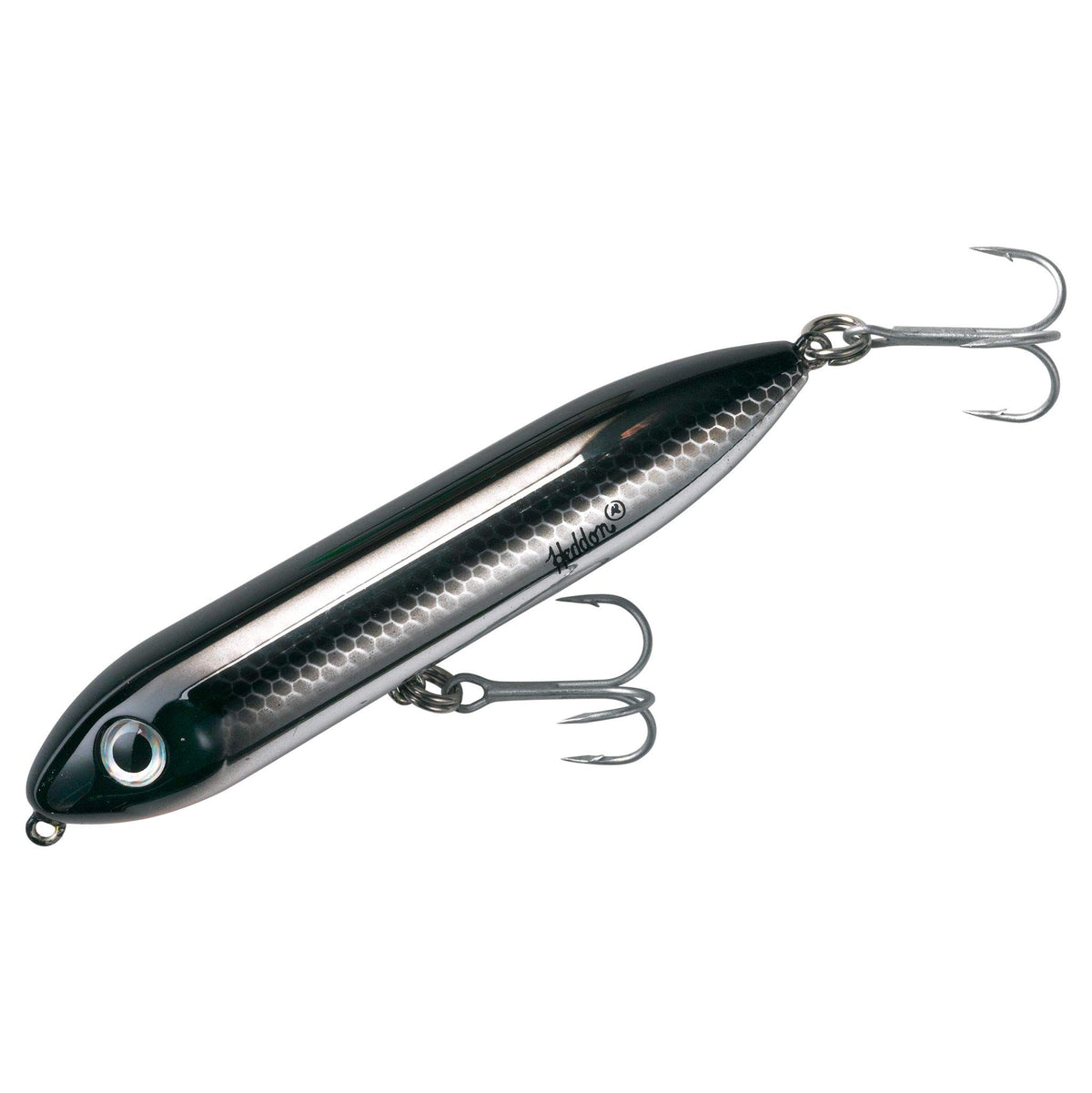 Heddon Super Spook Jr. black shiner topwater lure ready for explosive surface strikes.