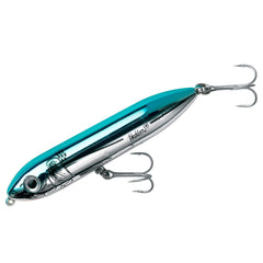 Heddon Super Spook Jr. blue chrome front view enhances topwater lure appeal for bass.