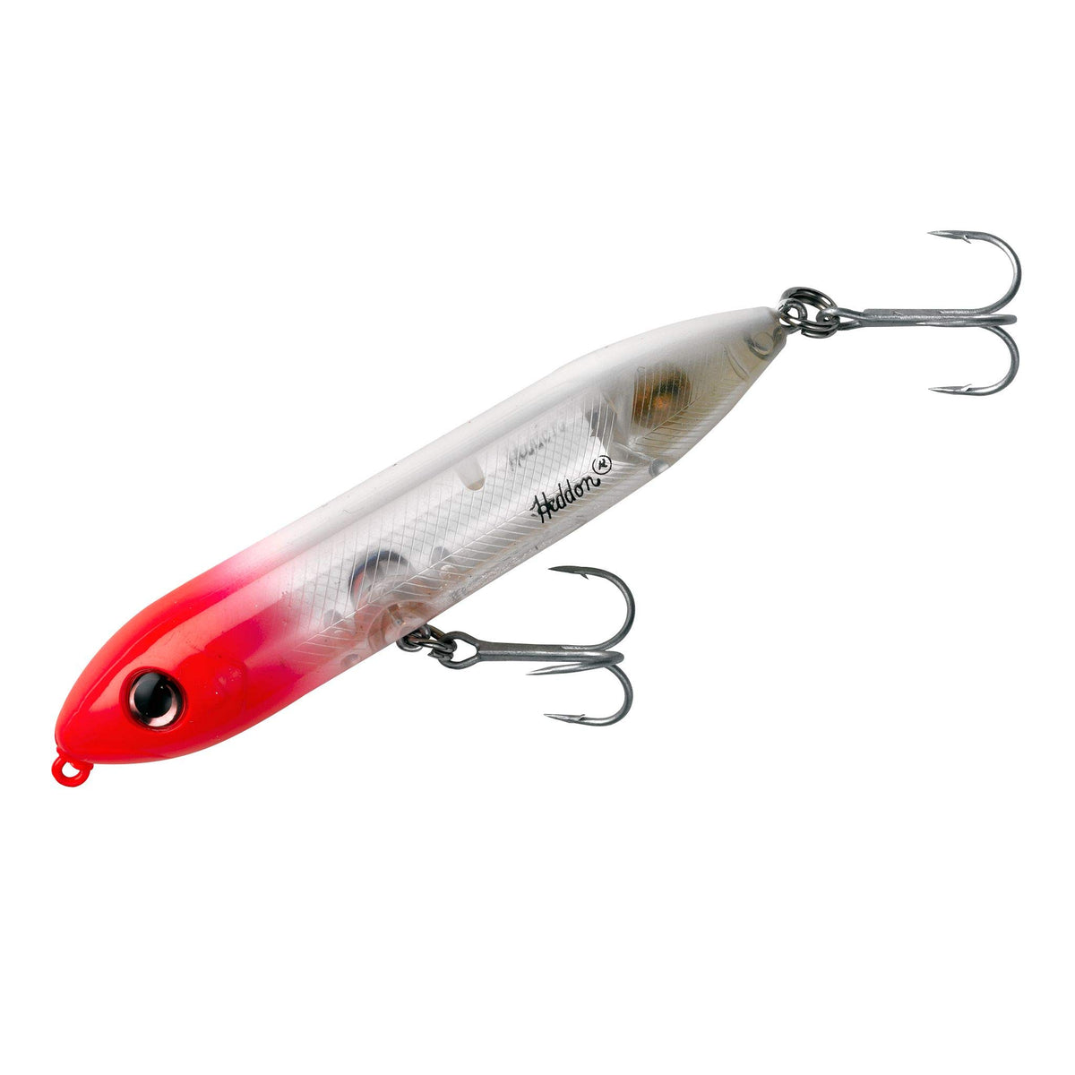 Heddon Super Spook Jr. topwater lure from front view in white pink with silver insert, highlighting finish