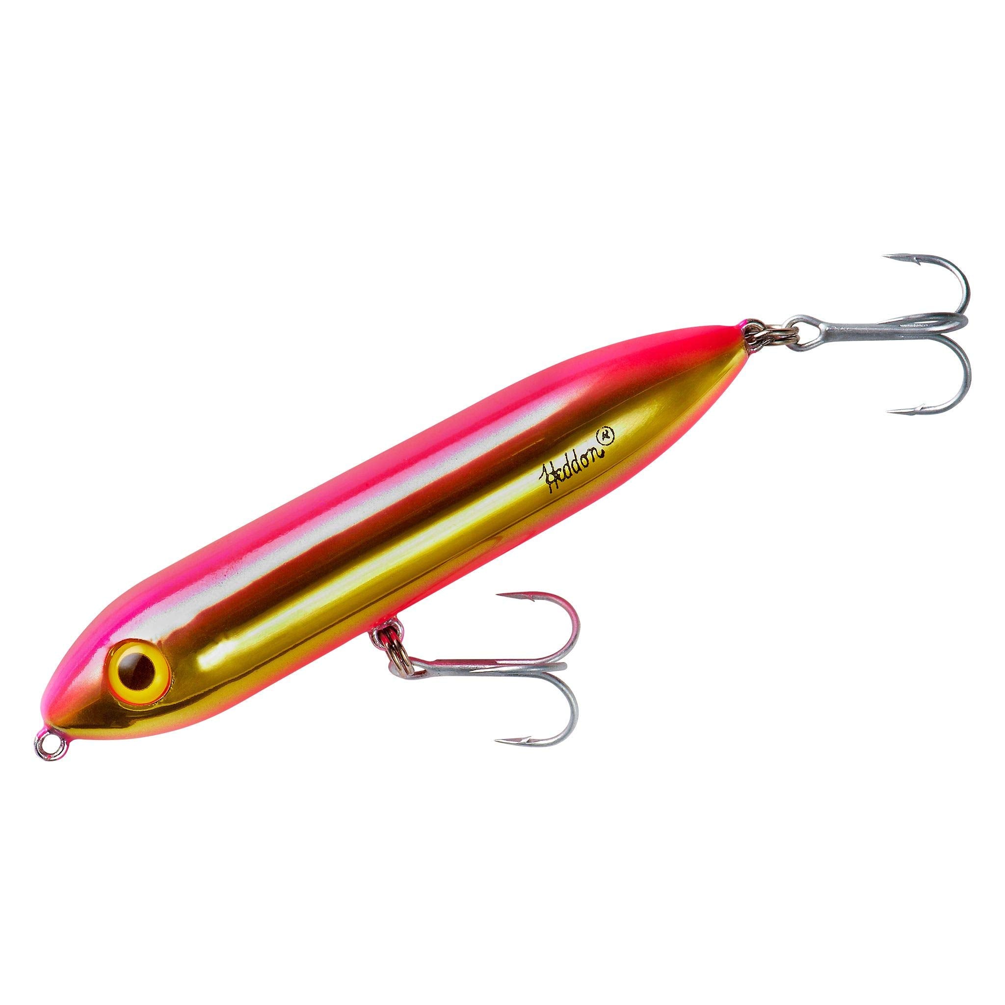 Heddon Super Spook Jr front view in gold-pink draws aggressive topwater strikes for bass and speckled trout