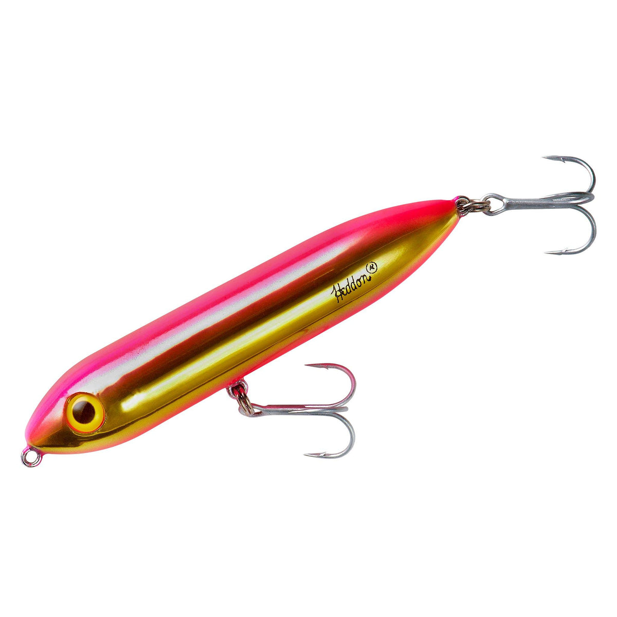Heddon Super Spook Jr front view in gold-pink draws aggressive topwater strikes for bass and speckled trout