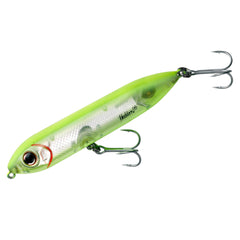 Heddon Super Spook Jr side view with chartreuse-silver finish for topwater strikes.