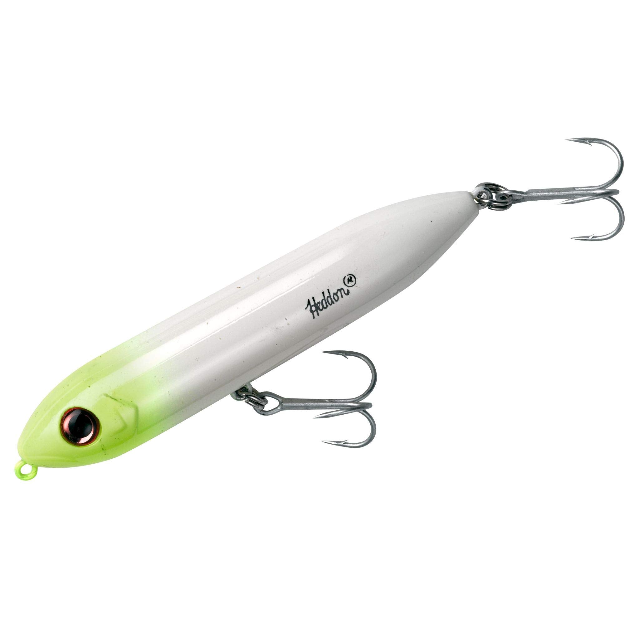 Heddon Super Spook Jr lure with white chartreuse head attracts topwater bites