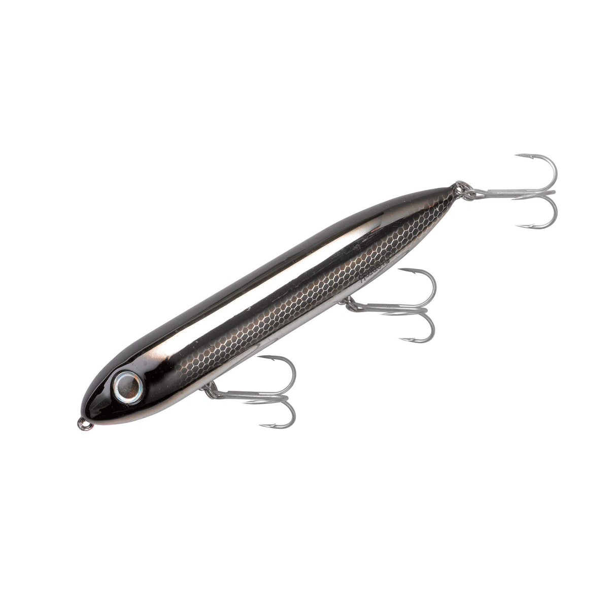 Heddon Super Spook topwater lure side profile attracts aggressive saltwater and freshwater strikes.
