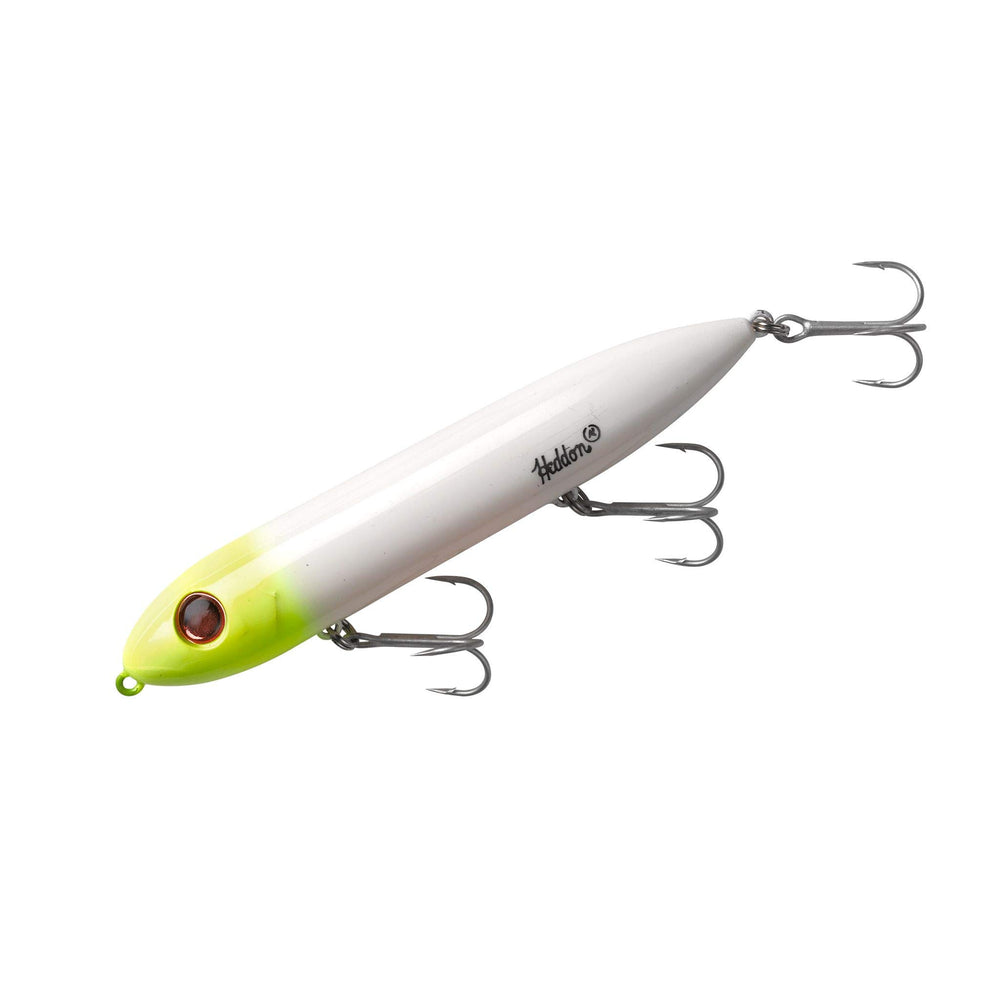 Heddon Super Spook topwater lure in white and chartreuse head, ideal for aggressive strikes.